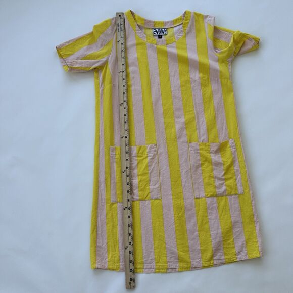 Dusen Dusen Womens Stripe Print Short Sleeve Shift Pocket Dress Yellow Small - Picture 4 of 6